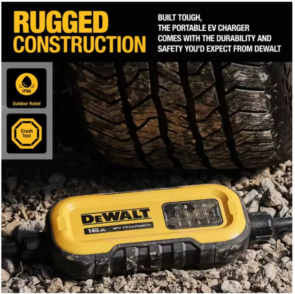 Nouveauté 2026 – Chargeur portable DEWALT niveau 2 pour véhicules électriques (VE), jusqu'à 16 A, 120-240 V CA, 3,8 kW, câble de 7,6 m, résistant aux intempéries