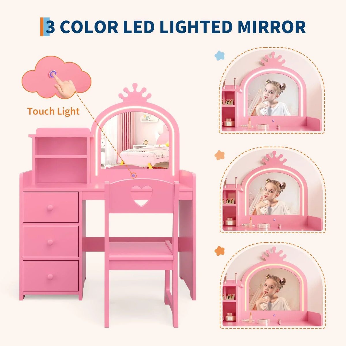 Nouveauté 2026 – Ensemble coiffeuse Yeshouse Princess pour filles avec rangement et éclairage
