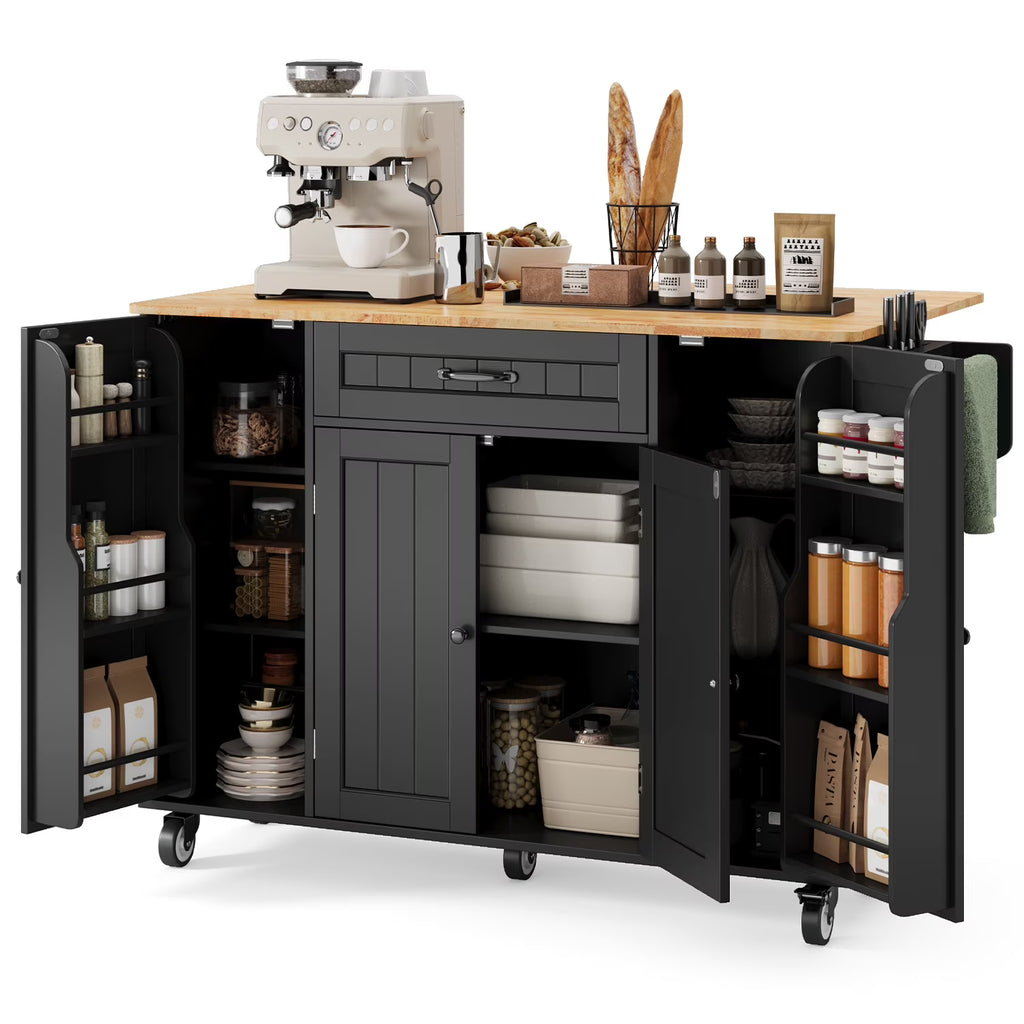 Nouveauté 2026 – Îlot de cuisine Noelse avec rangements, table d'appoint rabattable, porte-épices et porte-serviettes pour petites cuisines, blanc