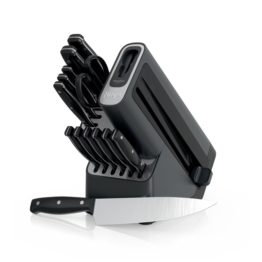 Nouveauté 2026 – Système de couteaux essentiels 14 pièces en acier inoxydable Ninja NeverDull avec affûteur intégré, K12014 Noir/Gris
