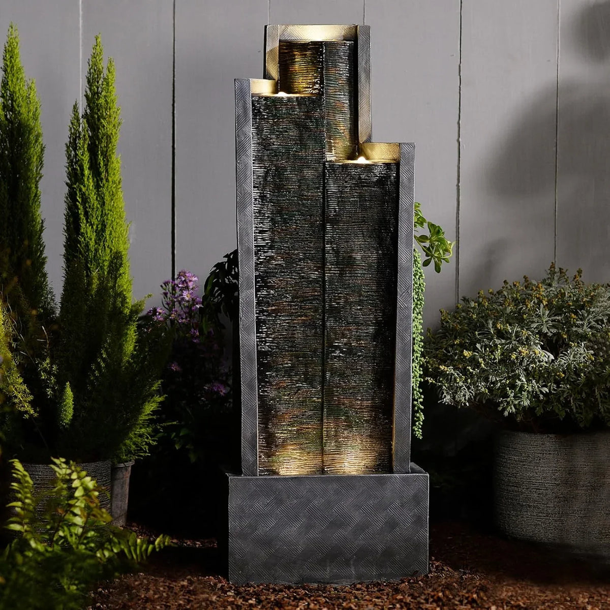 Nouveauté 2026 – Fontaine cascade moderne d'extérieur avec éclairage LED pour jardin, terrasse, cour, patio, porche et décoration intérieure