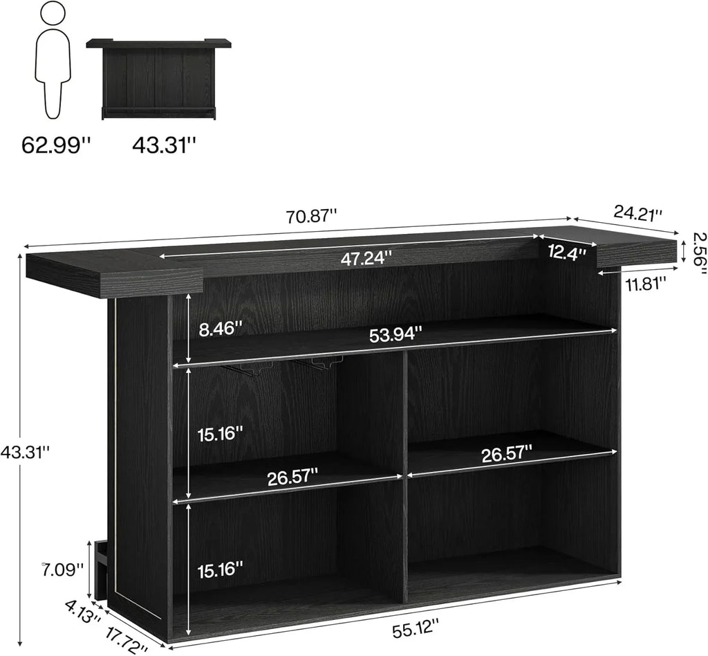 Nouveauté 2026 – Table de bar à 4 niveaux Tribesigns , grand meuble bar de 180 cm avec porte-verres à vin et repose-pieds noir, pour cuisine, salle à manger, salon, pub, marron rustique