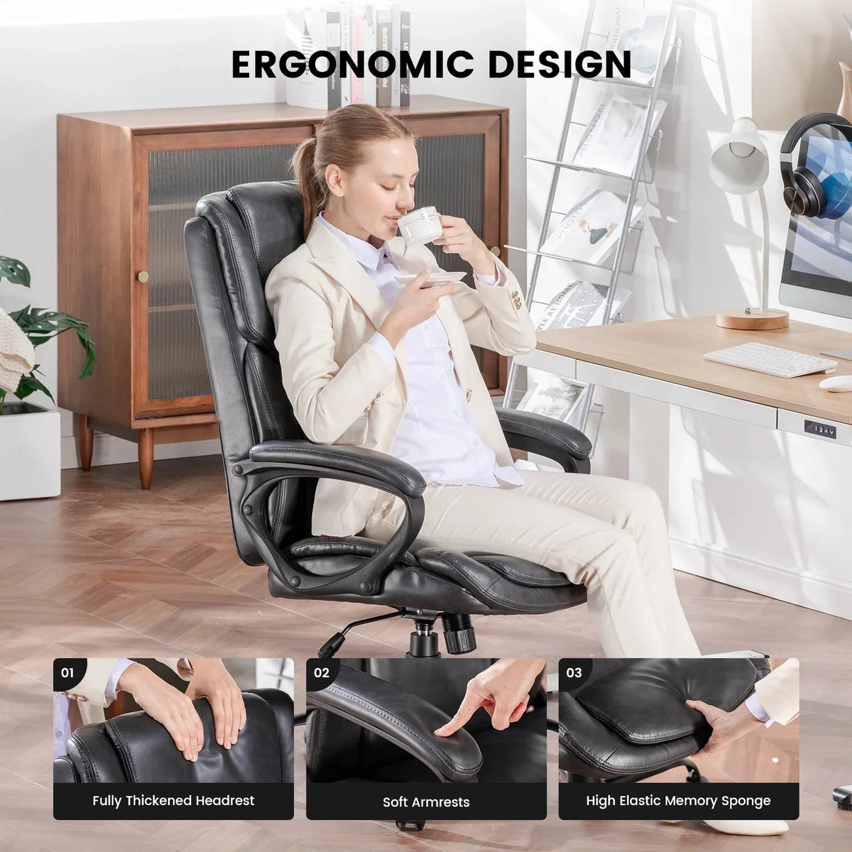 Nouveauté 2026 – Fauteuil de bureau ergonomique Mainstays Executive à dossier haut en cuir noir