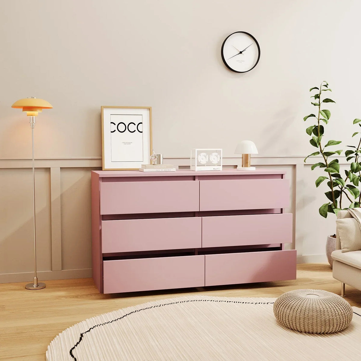 Nouveauté 2026 – Commode Resenkos moderne style milieu du siècle, 6 tiroirs, large, pour chambre à coucher, grise