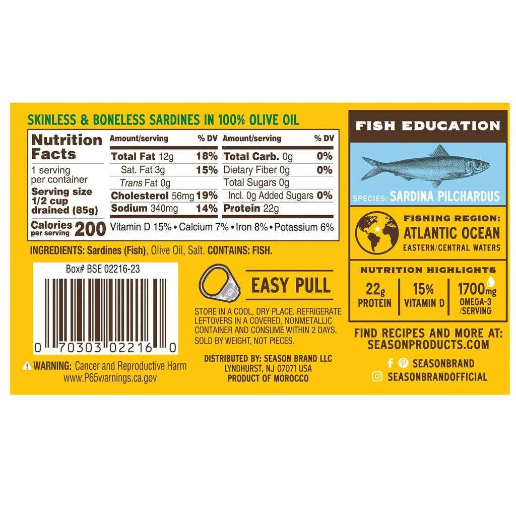 Nouveauté 2026 – Filets de sardines Season à l'huile d'olive 100 %, sauvages, sans peau ni arêtes, 124 g (4,375 oz), boîte de 6