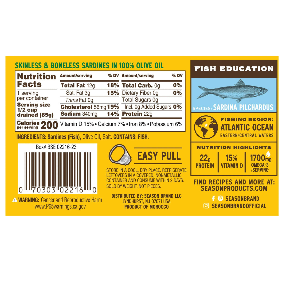 Nouveauté 2026 – Filets de sardines Season à l'huile d'olive 100 %, sauvages, sans peau ni arêtes, 124 g (4,375 oz), boîte de 6