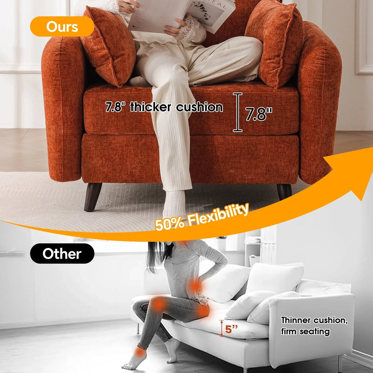 Nouveauté 2026 – Fauteuil d'appoint surdimensionné Rexulqo avec rangement intégré, confortable pour le salon, livré avec 2 coussins décoratifs, fauteuil rembourré style milieu du siècle, assise profonde de 62 cm, fauteuil de lecture pour chambre ou b