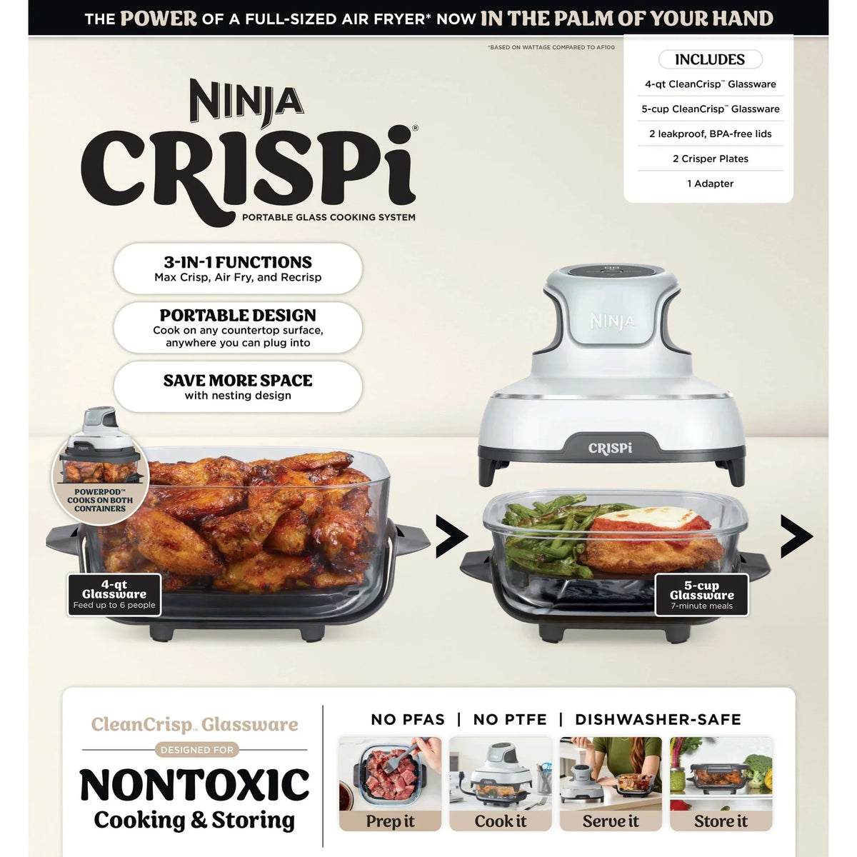 Nouveauté 2026 – Friteuse à air portable 3-en-1 Ninja Crispi , 1500 W, récipients en verre TempWare de 4 L et 5 tasses avec couvercles de conservation, compatible micro-ondes, congélateur et lave-vaisselle, blanc, FN100WH