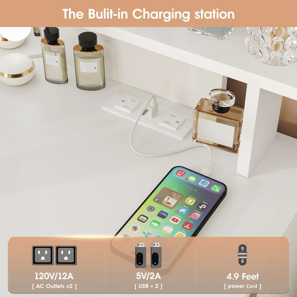 Nouveauté 2026 – Coiffeuse d'angle en placage bois blanc avec miroir et lumière, table de maquillage avec 4 tiroirs et station de recharge pour chambre à coucher