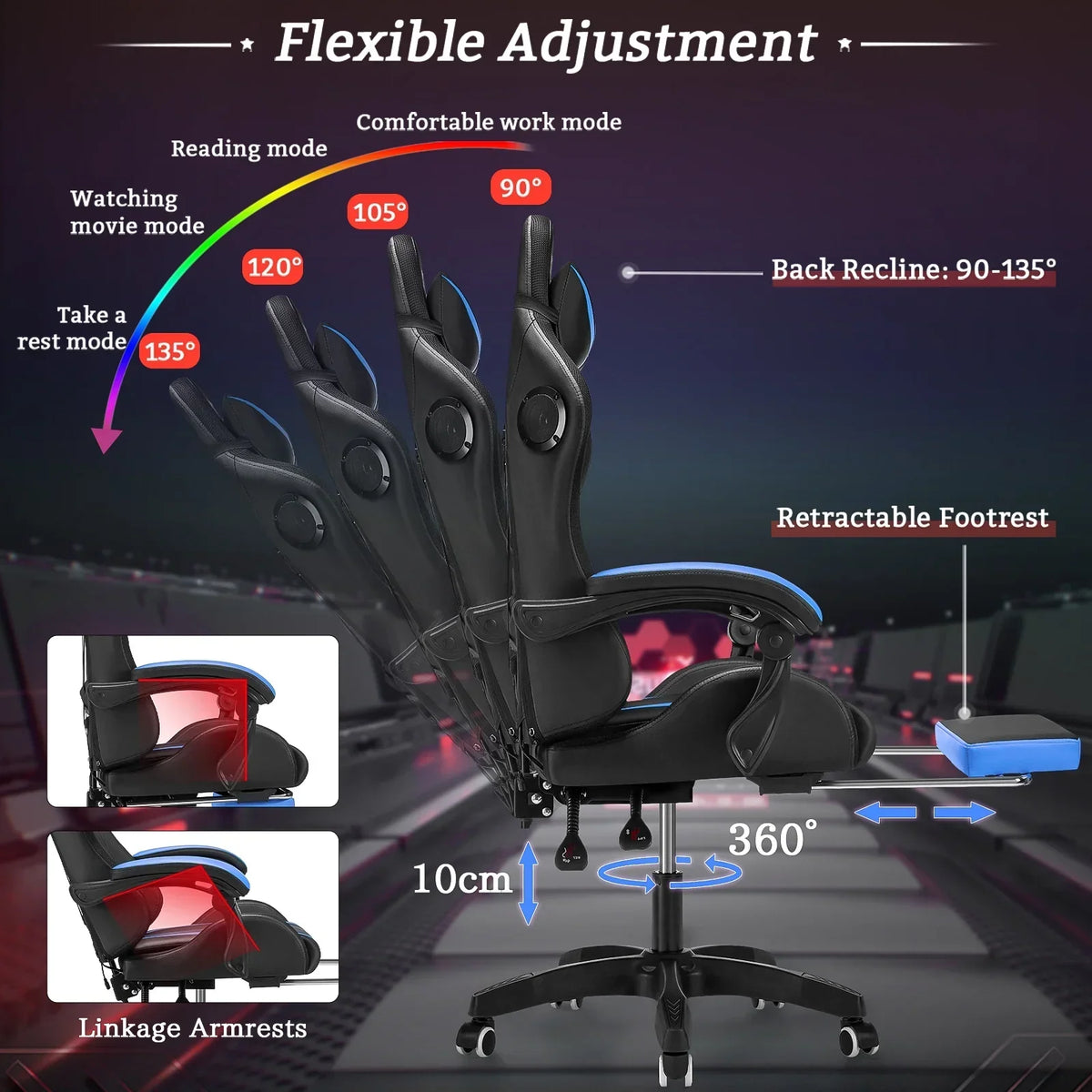 Nouveauté 2026 – Fauteuil de jeu Hoffree avec haut-parleurs intégrés, en cuir PU, repose-pieds et éclairage LED. Fauteuil ergonomique pour gamer avec massage, soutien lombaire et appui-tête pivotant et réglable. Idéal pour le télétravail et le bureau