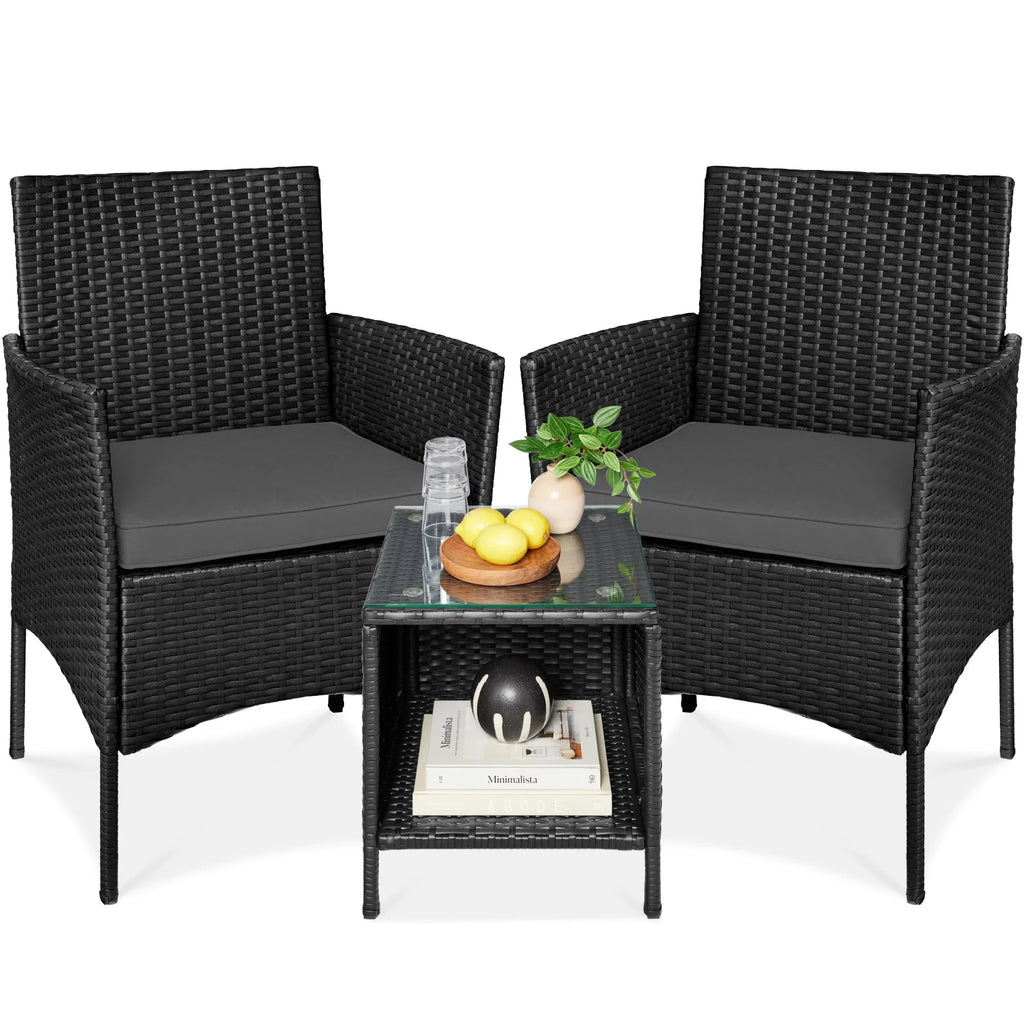 Nouveauté 2026 – Ensemble bistro de jardin 3 pièces en résine tressée Best Choice Products , avec 2 chaises et une table - Gris/Bleu marine