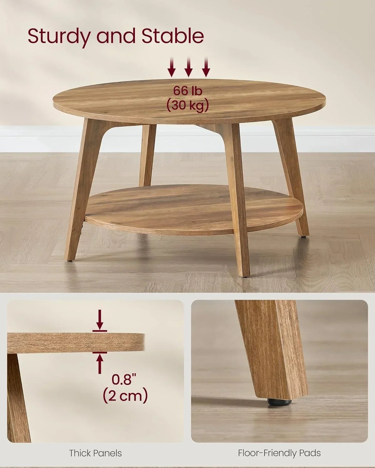 Nouveauté 2026 – Table basse ronde VASAGLE , table basse à 2 niveaux avec rangement, pour salon, 80 x 45 cm, facile à monter, couleur miel