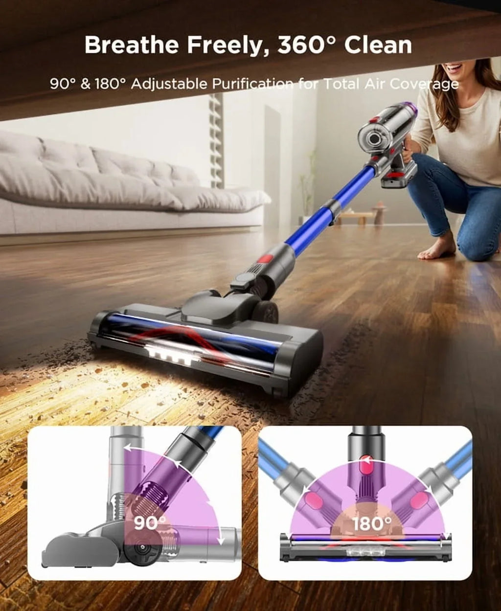 Nouveauté 2026 – Aspirateur sans fil Hosaud - 45 000 Pa, 550 W, 55 min d'autonomie, 2 600 mAh - Léger et idéal pour la maison, les poils d'animaux, les tapis et les sols (violet