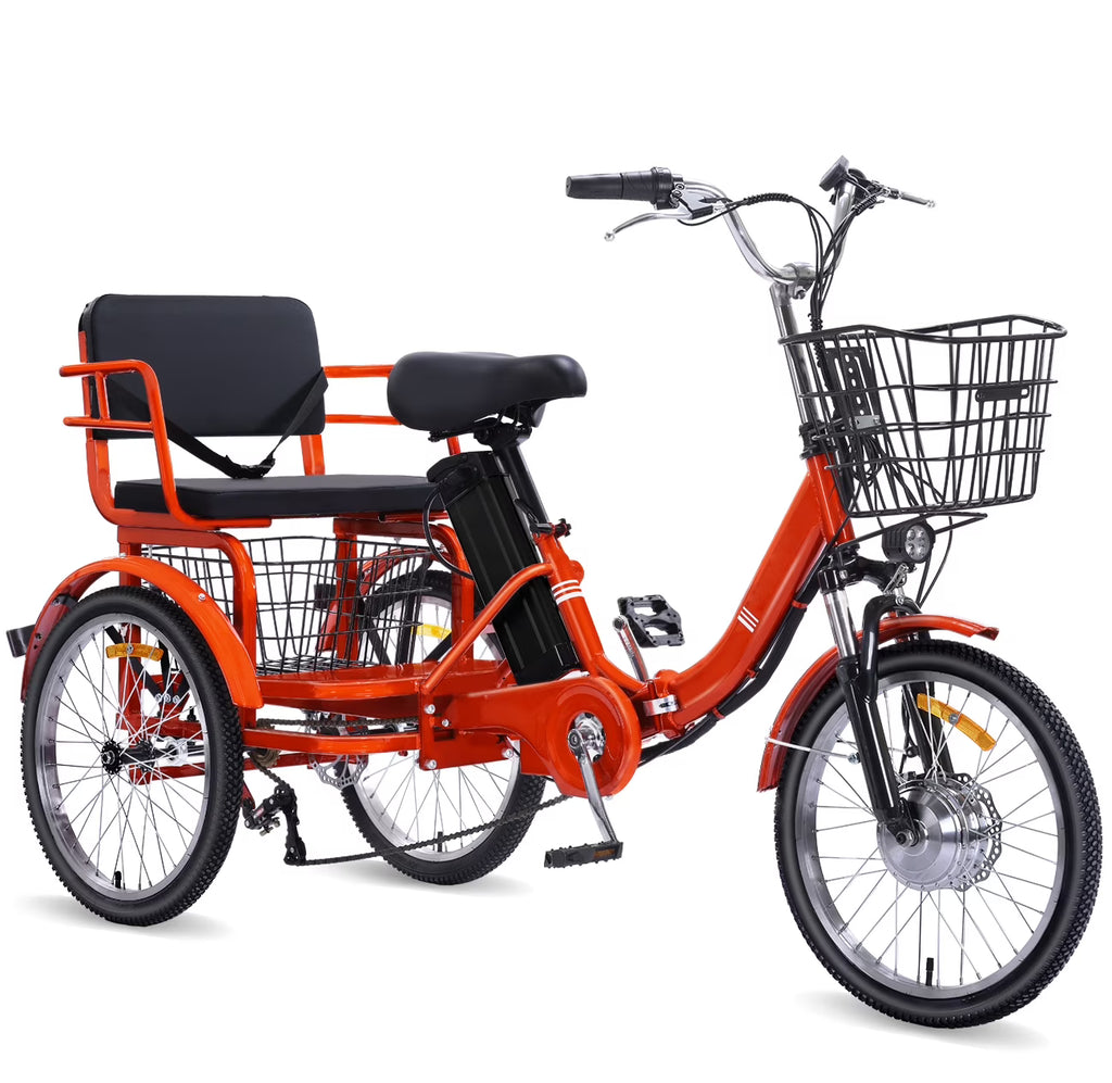 Nouveauté 2026 – Tricycle électrique NOMIGO pour adultes, pliable, à 3 roues, deux places, grand panier, moteur sans balais ultra-puissant de 350 W, batterie lithium 48 V 13 Ah, vitesse maximale de 32 km/h, orange