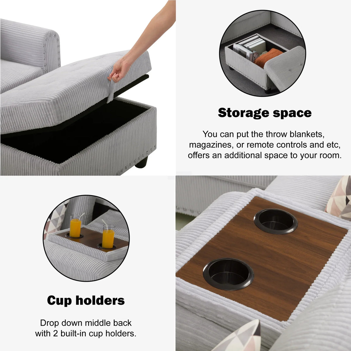 Nouveauté 2026 – Canapé d'angle modulaire AENKYO , 241 cm (95 po), en velours côtelé, avec pouf et porte-gobelets – Idéal pour les appartements et les salons – Gris clair