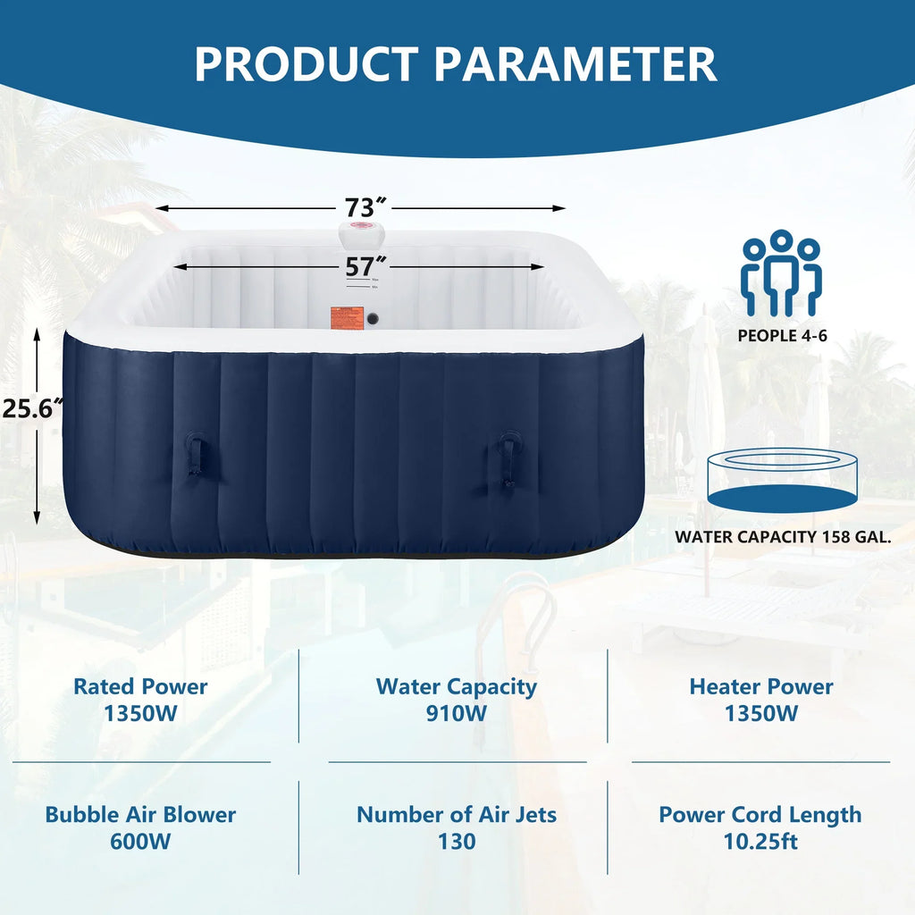 Nouveauté 2026 – Spa gonflable portable d'extérieur , 185 cm (73 pouces), 4 à 6 personnes, avec panneau de commande, 130 jets, couverture isolante et protection de fond, température jusqu'à 40 °C (104 °F), gris