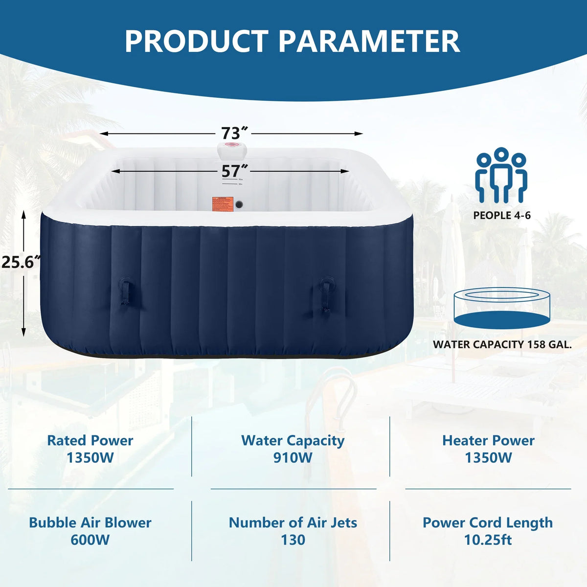 Nouveauté 2026 – Spa gonflable portable d'extérieur , 185 cm (73 pouces), 4 à 6 personnes, avec panneau de commande, 130 jets, couverture isolante et protection de fond, température jusqu'à 40 °C (104 °F), gris
