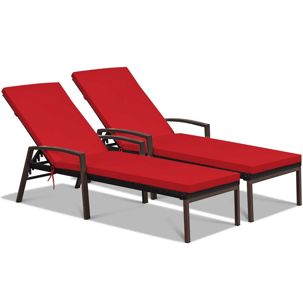 Nouveauté 2026 – Costway Lot de 2 chaises longues de patio en rotin, dossier inclinable, coussin réglable, rouge