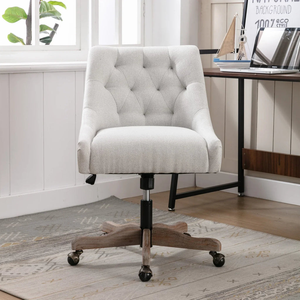 Nouveauté 2026 – Chaise de bureau pivotante à 360° , chaise de coiffeuse rembourrée avec base en bois massif et roulettes, hauteur réglable, idéale pour la chambre ou le salon, marron