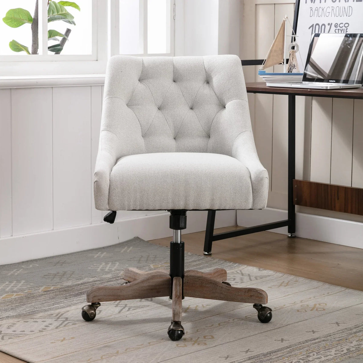 Nouveauté 2026 – Chaise de bureau pivotante à 360° , chaise de coiffeuse rembourrée avec base en bois massif et roulettes, hauteur réglable, idéale pour la chambre ou le salon, marron