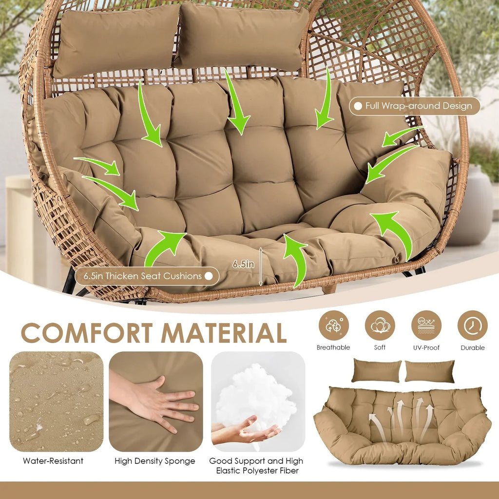 Nouveauté 2026 – Fauteuil double œuf RADIATA pour 2 personnes, canapé deux places surdimensionné en résine tressée avec coussins épais, capacité de 308 kg, fauteuil de jardin/terrasse fixe pour intérieur/extérieur, balcon, jardin, beige
