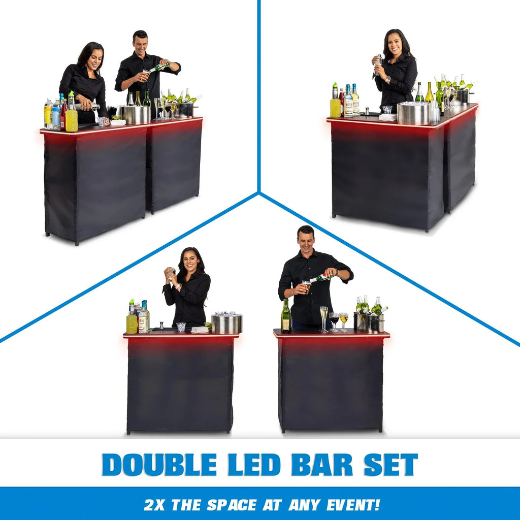 Nouveauté 2026 – Ensemble table de bar double portable GoBar avec lumières LED multicolores - Station de bar mobile pour événements - Étui de transport inclus