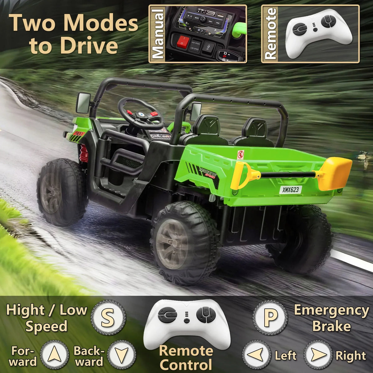 Nouveauté 2026 – Camion électrique Xuanlur 24V 2 places pour enfants , avec moteur 2x200W, benne basculante/pelle, pneus résistants, lumières LED, musique et télécommande, noir