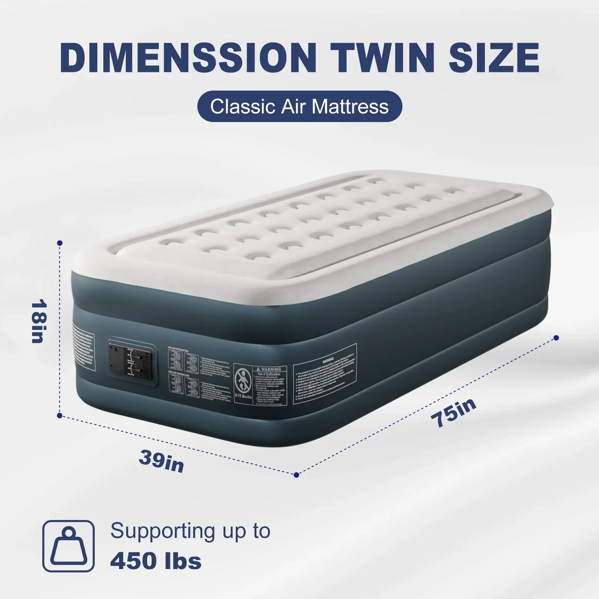 Nouveauté 2026 – Matelas gonflable Zimtown , 45,7 cm (18 po), deux chambres, surélevé, avec pompe intégrée, portable, pour le camping en extérieur et en intérieur, gris et blanc