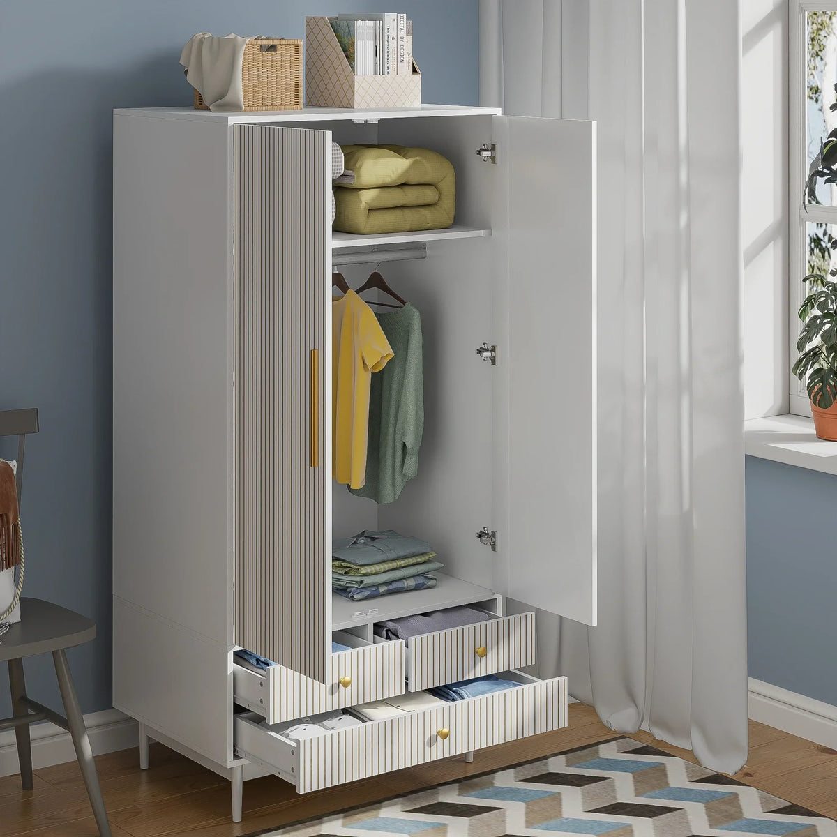 Nouveauté 2026 – Armoire-penderie Armoire , meuble de rangement avec tiroirs et penderie pour chambre à coucher, blanc