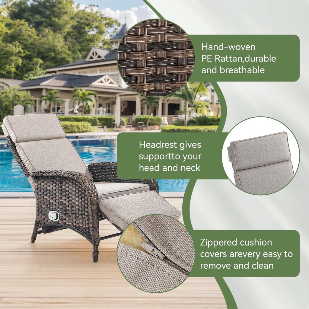 Nouveauté 2026 – Fauteuil inclinable d'extérieur OPOHORO , chaise longue de patio inclinable réglable avec coussin, en osier, avec dossier et repose-pieds réglables, idéal pour le bord de la piscine, beige