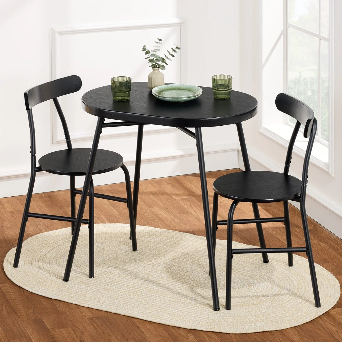 Nouveauté 2026 – Ensemble table et chaises ovales modernes 3 pièces Best Choice Products , petit coin repas avec 2 chaises - Noir/Noir