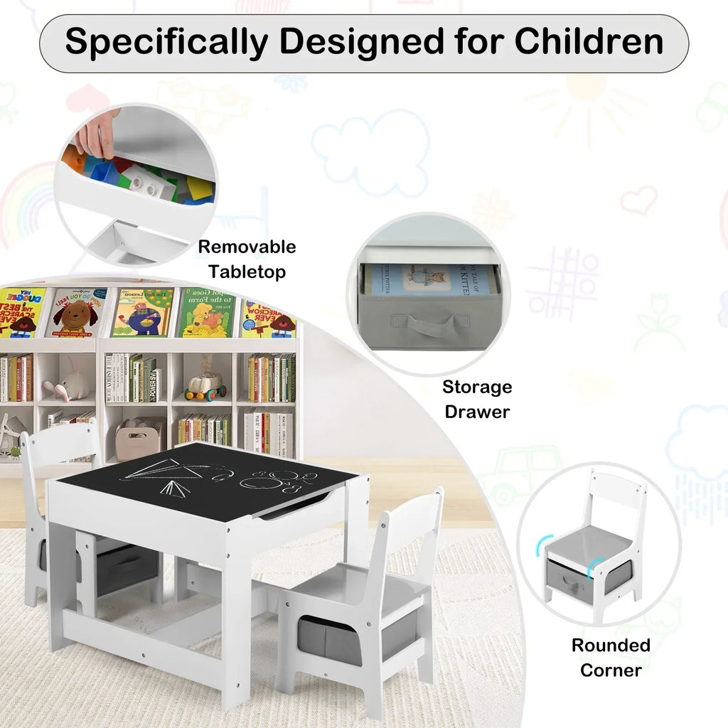 Nouveauté 2026 – Ensemble table et 2 chaises pour enfants LINLUX , table d'activités avec tableau noir/blanc, gris