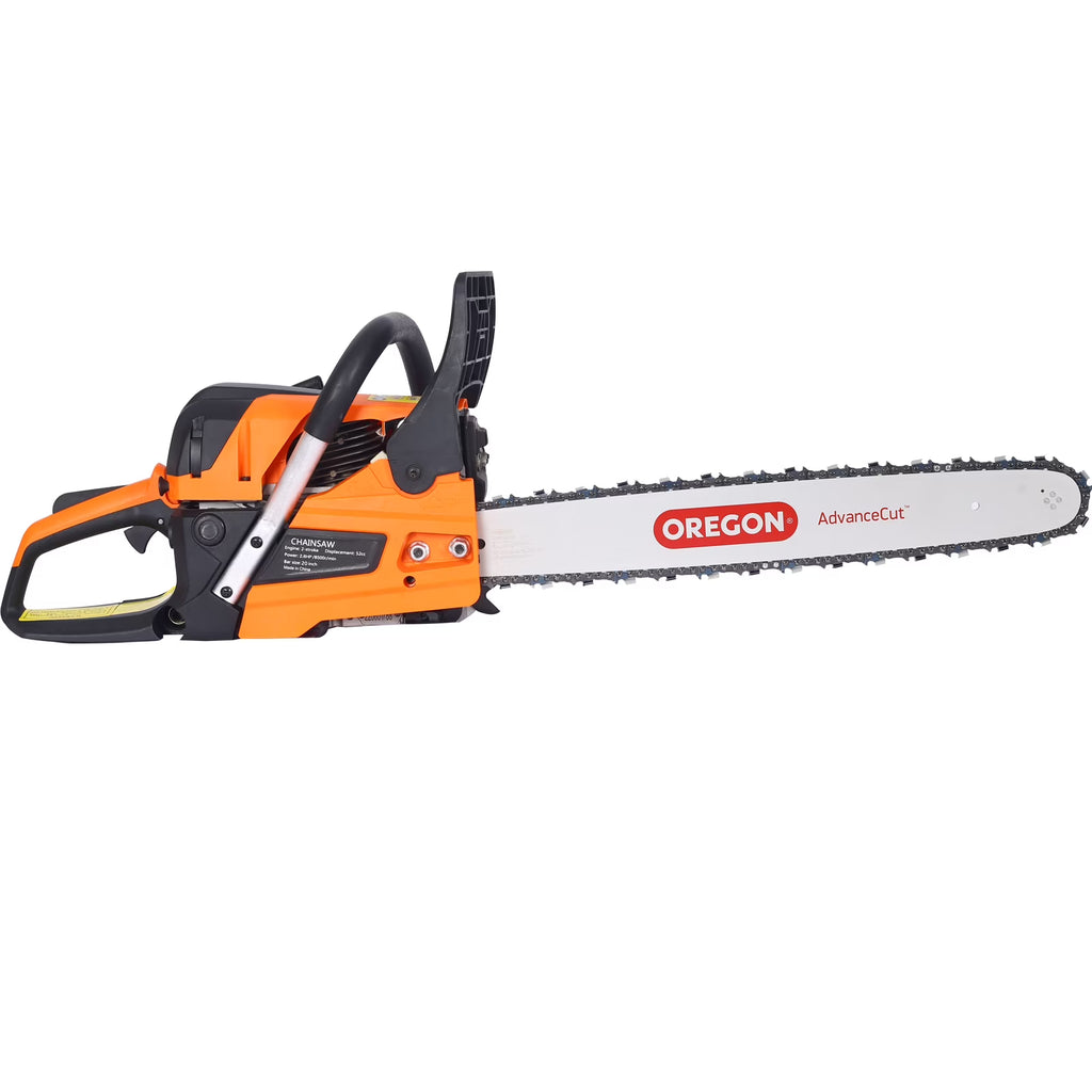 Nouveauté 2026 – ! Tronçonneuse à essence 20 pouces, 52 cm³, pour l'abattage et la coupe du bois. Moteur 2 temps conforme aux normes EPA. Guide-chaîne Oregon