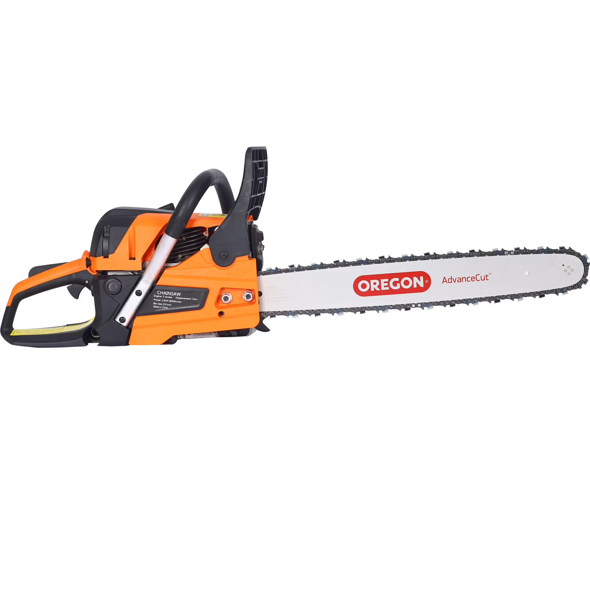 Nouveauté 2026 – ! Tronçonneuse à essence 20 pouces, 52 cm³, pour l'abattage et la coupe du bois. Moteur 2 temps conforme aux normes EPA. Guide-chaîne Oregon