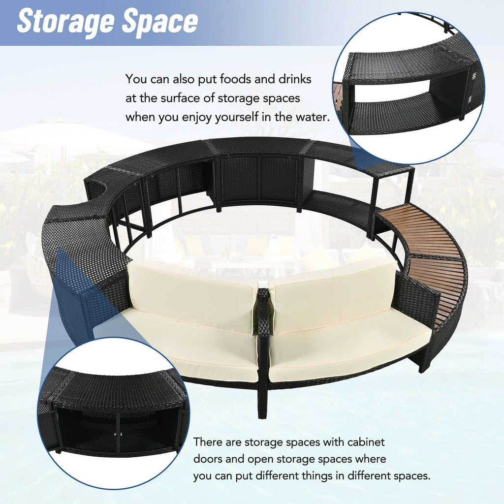 Nouveauté 2026 – Ensemble de mobilier de jardin Round pour spa , canapé d'angle en rotin avec mini-canapé, rangement pour spa en bois d'acacia massif, coussins gris