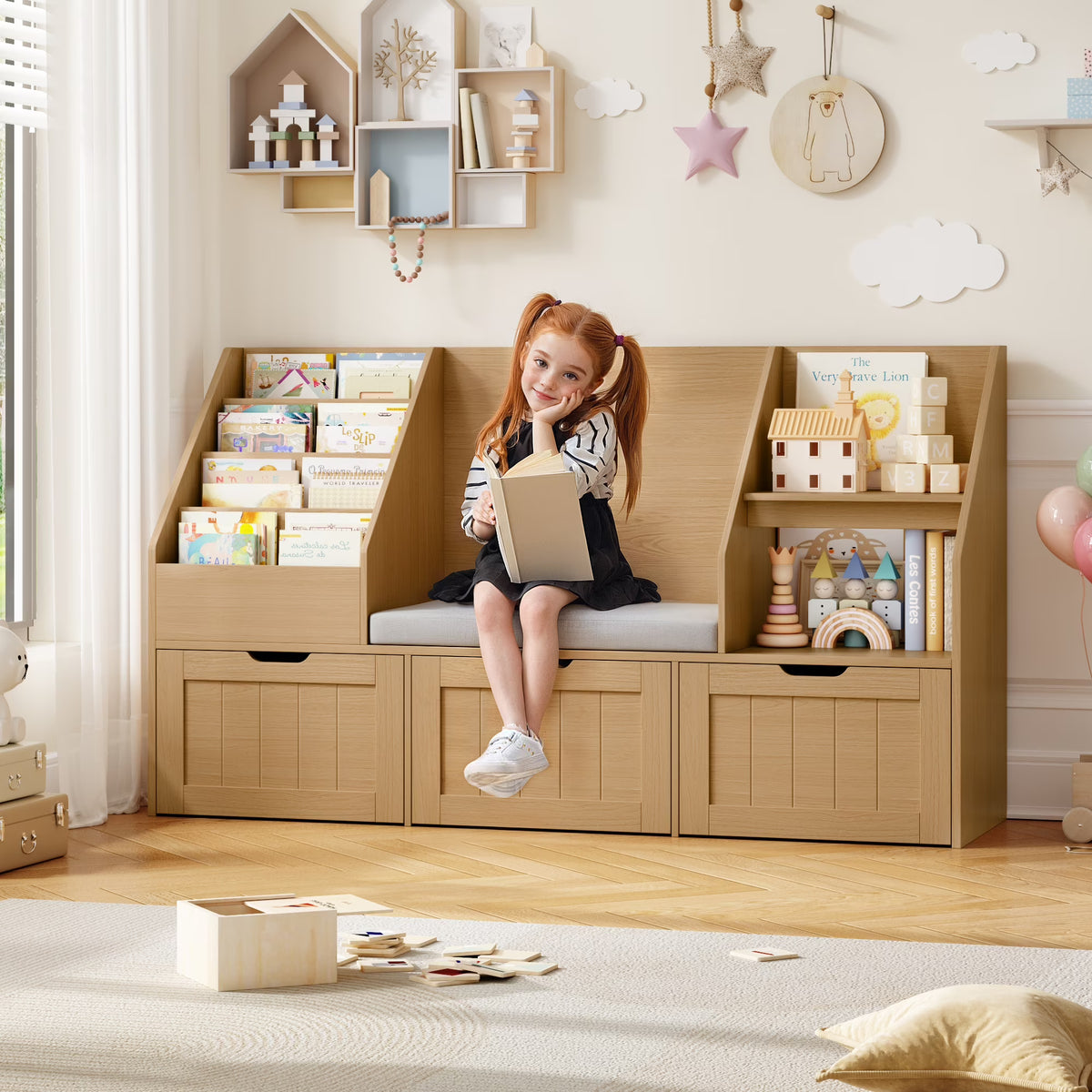 Nouveauté 2026 – Bibliothèque pour enfants Homfa avec coin lecture et 3 tiroirs amovibles, bibliothèque à 2 cubes avec étagères à livres à 4 niveaux, rangement pour jouets et jouets, idéale pour la chambre ou la salle de jeux, blanche