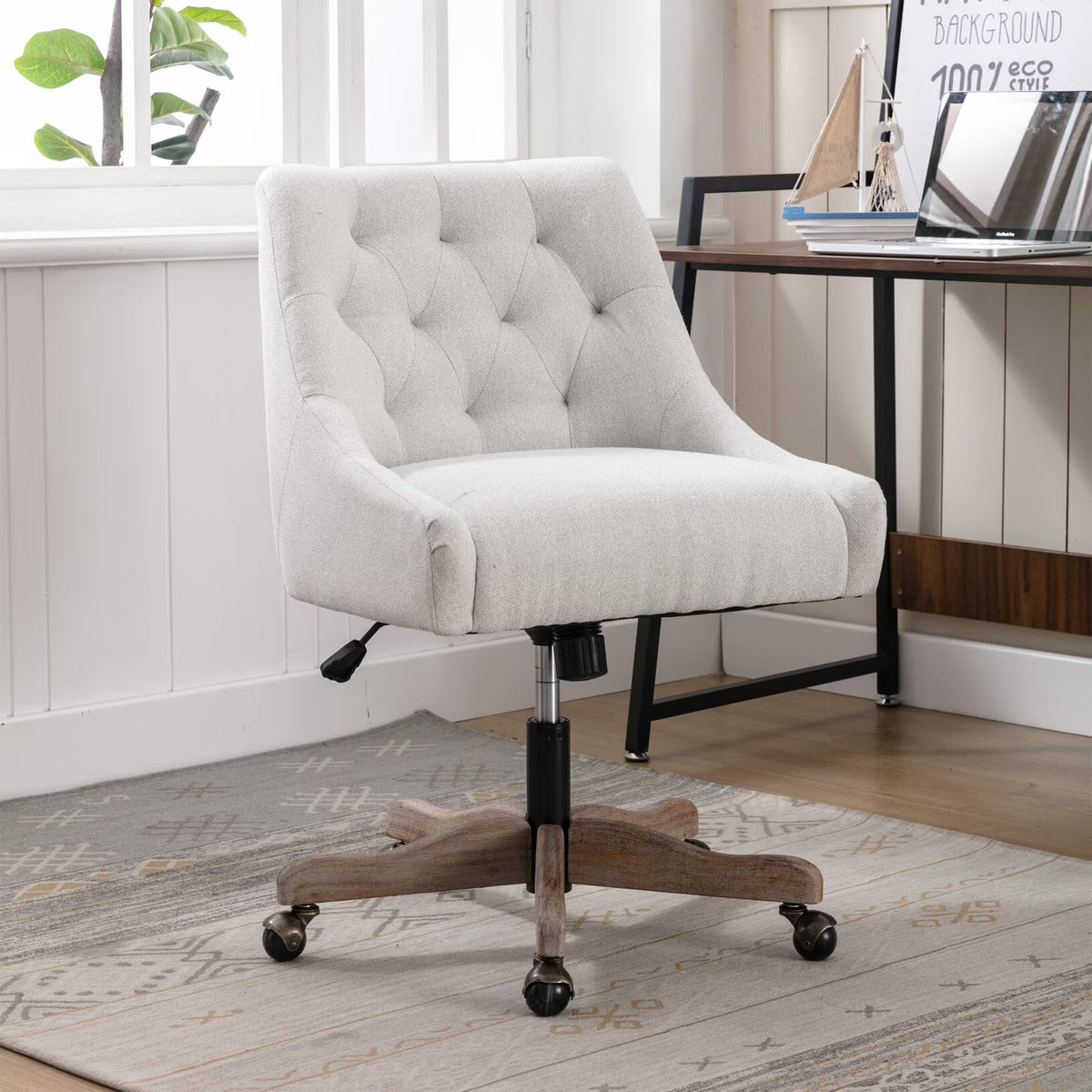 Nouveauté 2026 – Chaise de bureau pivotante à 360° , chaise de coiffeuse rembourrée avec base en bois massif et roulettes, hauteur réglable, idéale pour la chambre ou le salon, marron