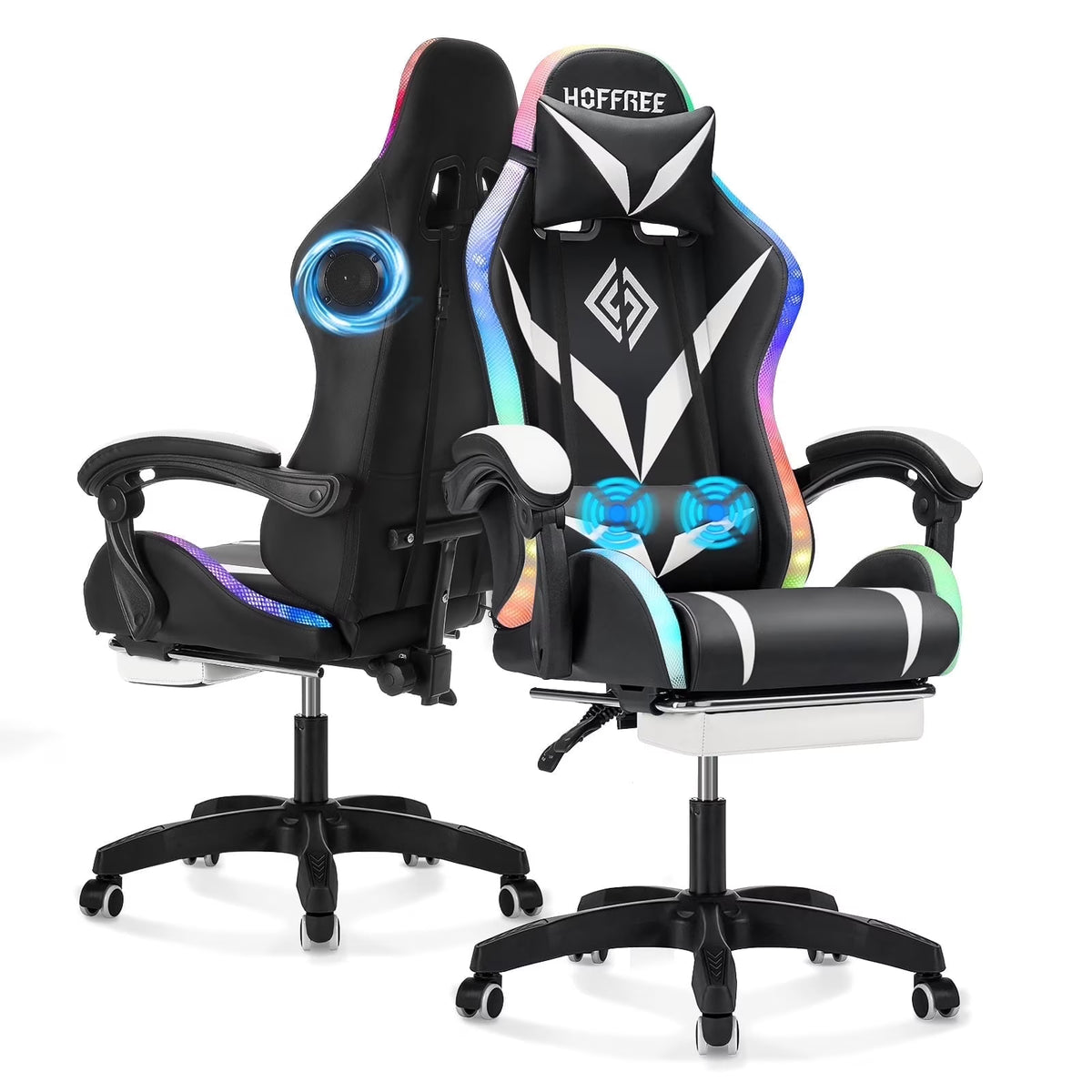 Nouveauté 2026 – Fauteuil de jeu Hoffree avec haut-parleurs intégrés, en cuir PU, repose-pieds et éclairage LED. Fauteuil ergonomique pour gamer avec massage, soutien lombaire et appui-tête pivotant et réglable. Idéal pour le télétravail et le bureau