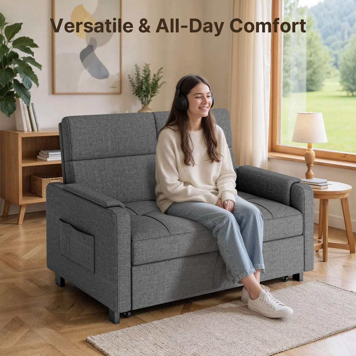 Nouveauté 2026 – Canapé-lit convertible 3 en 1 Lofka avec rangement, dossier réglable et fonction gigogne - Fauteuil-lit idéal pour les petits espaces et les appartements, gris foncé