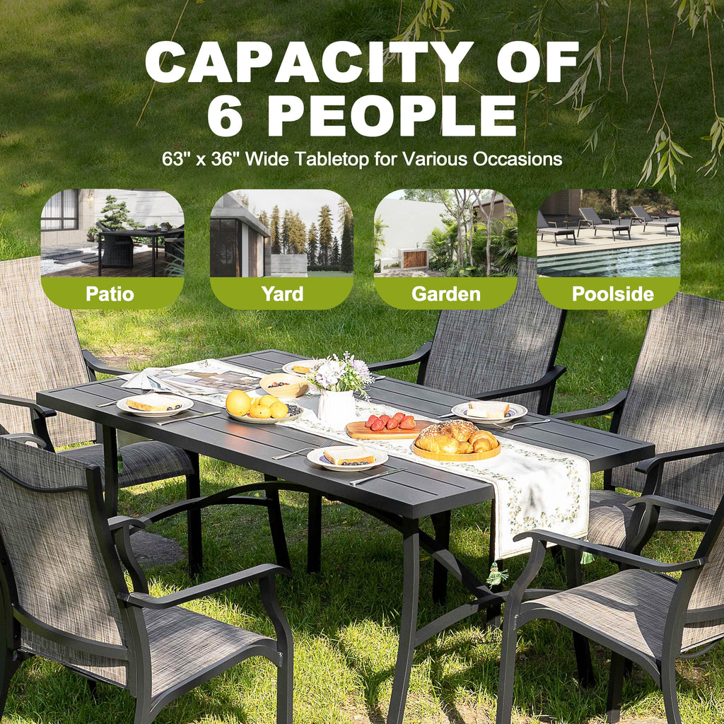 Nouveauté 2026 – Ensemble de salle à manger d'extérieur 7 pièces Nuu Garden , en aluminium résistant à la rouille, comprenant 6 chaises en textilène et une table rectangulaire avec trou pour parasol, couleur brun grisâtre