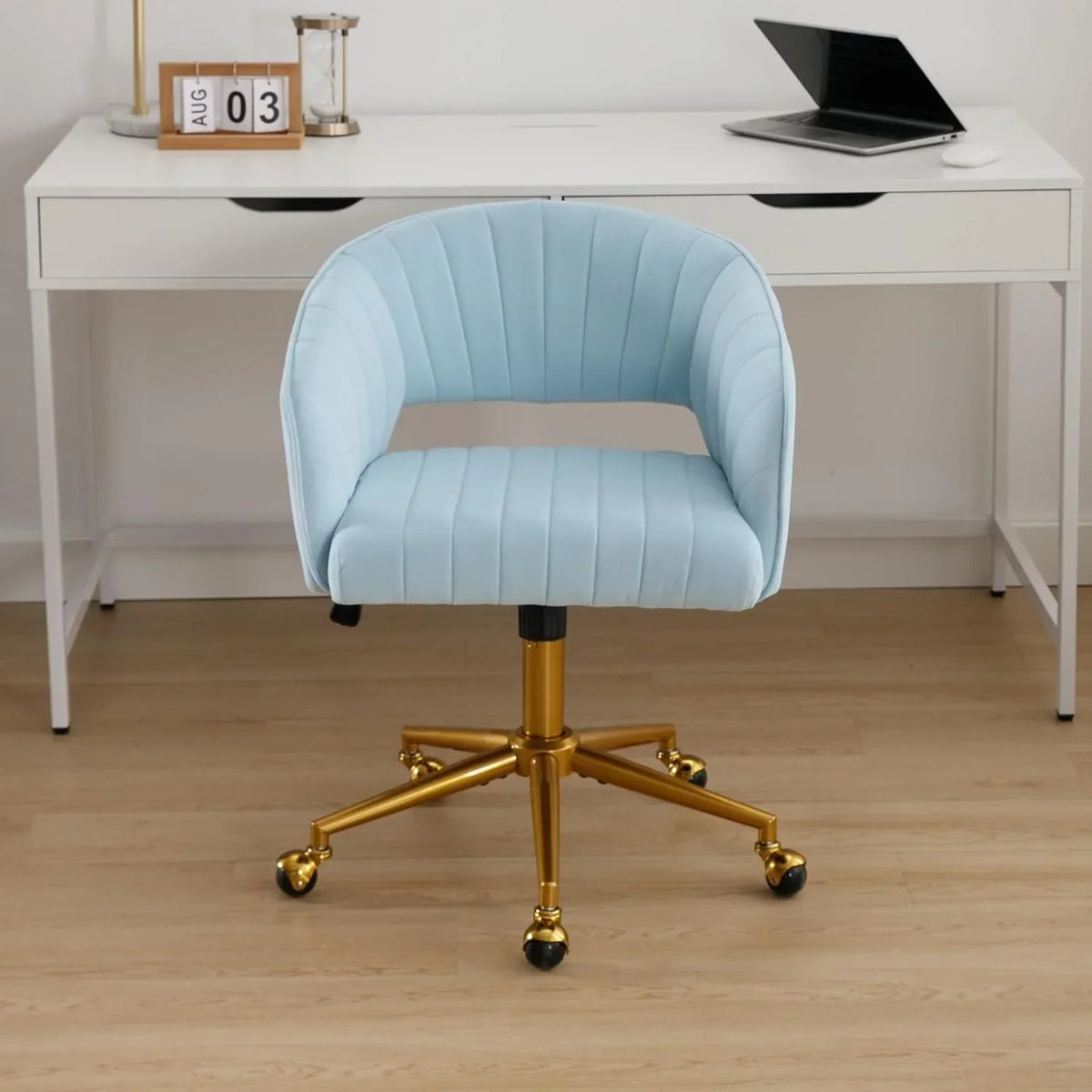 Nouveauté 2026 – Chaise de bureau Westice , chaise de travail en velours, chaise pivotante réglable en hauteur avec base dorée, idéale pour coiffeuse, bureau, salon ou salle informatique, beige