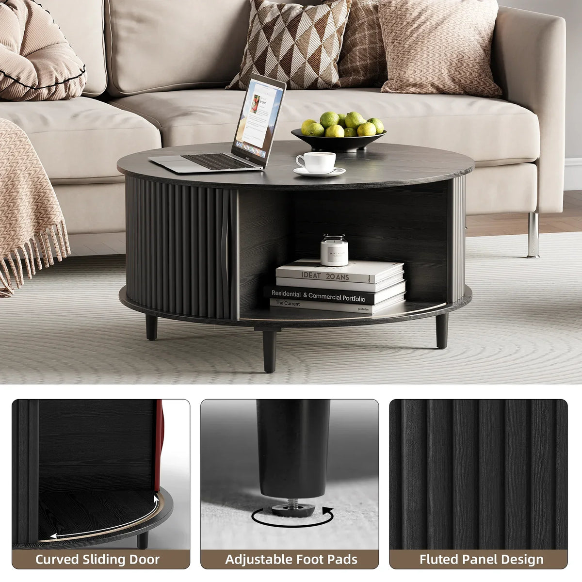 Nouveauté 2026 – Table basse ronde JOINICE avec rangement et porte coulissante, table centrale en bois de style moderne du milieu du siècle, pour salon, noyer