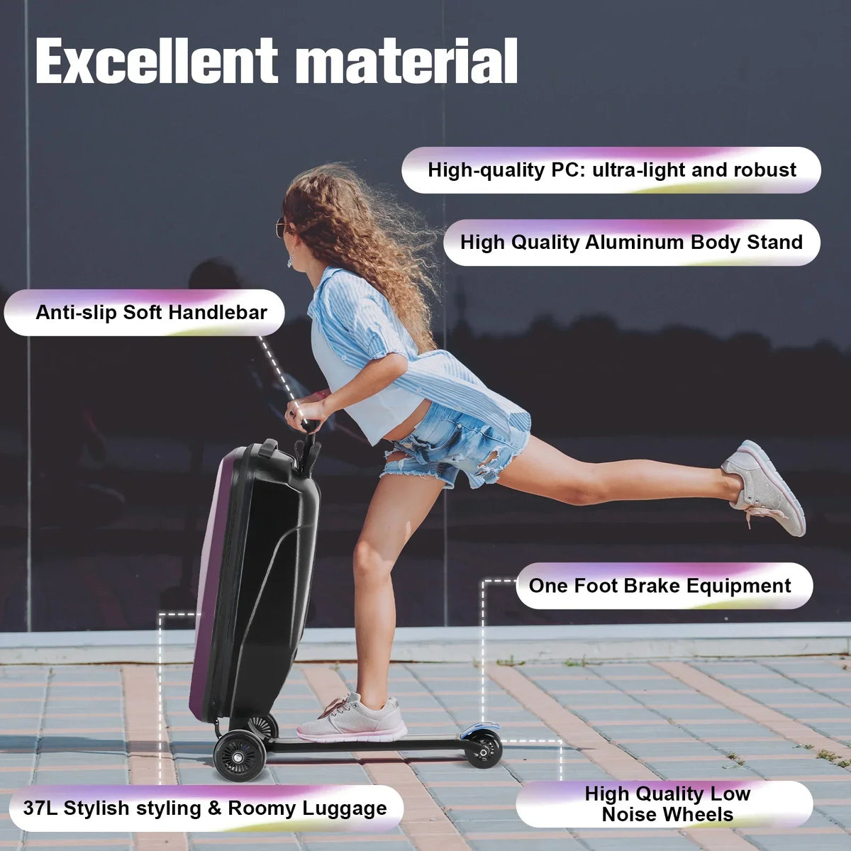 Nouveauté 2026 – Valise-trottinette Advwin pour enfants et adultes, valise rigide à roulettes pour enfants de 4 à 15 ans, multifonctionnelle, légère et pliable, avec roulettes, rose