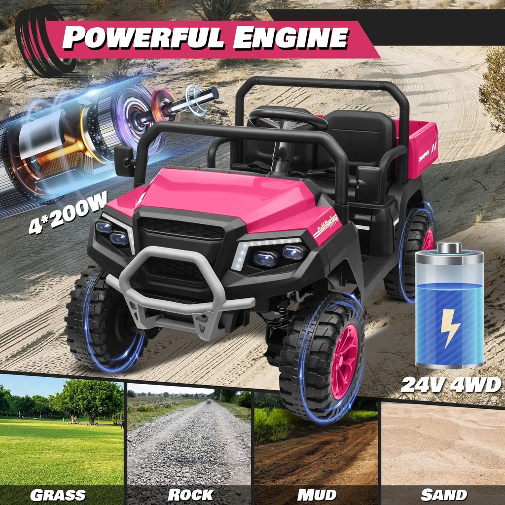 Nouveauté 2026 – Joyracer , véhicule tout-terrain électrique (UTV) 24 volts pour enfants, 2 places, avec télécommande. Voiturette de golf électrique avec 4 moteurs de 200 W, remorque inclinable et pelle, suspension à ressorts sur les 4 roues, musique