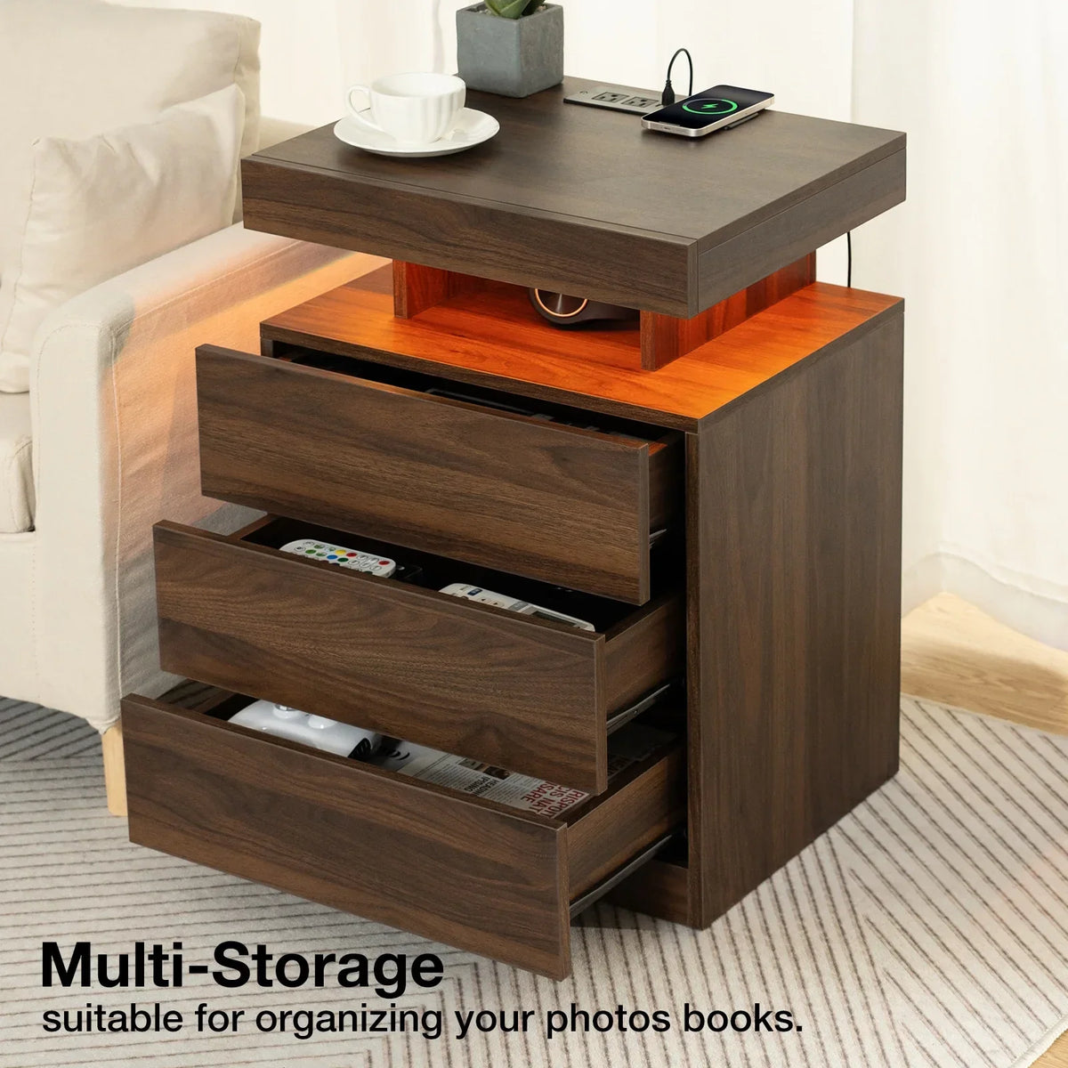 Nouveauté 2026 – Table de chevet LED Hommpa avec station de charge sans fil, ports USB Type-C, 3 tiroirs, finition laquée noire, style moderne et élégant, hauteur 68 cm (26,8 pouces). Idéale pour la chambre à coucher