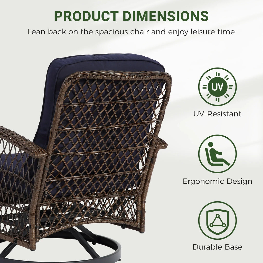Nouveauté 2026 – Ensemble de 3 fauteuils à bascule pivotants pour patio, 2 fauteuils à bascule pivotants à 360 degrés et 1 table basse en verre, ensemble bistro d'extérieur en rotin PE avec coussins pour balcon, terrasse, piscine, jardin ou véranda