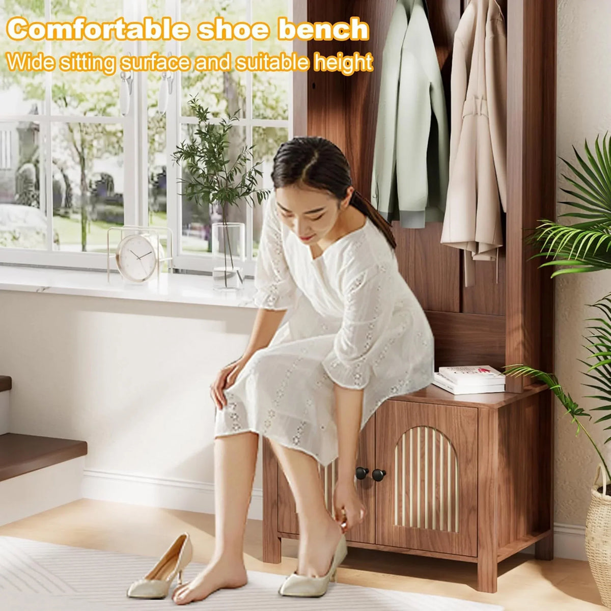 Nouveauté 2026 – Meuble d'entrée LUCKYELF avec rangement pour chaussures, banc d'entrée avec 4 crochets et 2 portes, armoire porte-manteaux en forme d'arche pour couloir