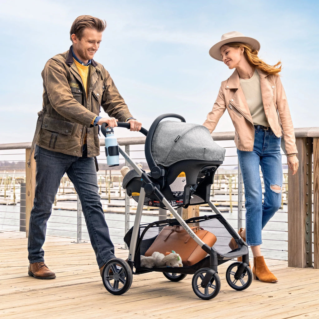 Nouveauté 2026 – Système de voyage modulaire Evenflo Omni Plus avec siège auto pour bébé LiteMax Sport, gris Mylar, unisexe