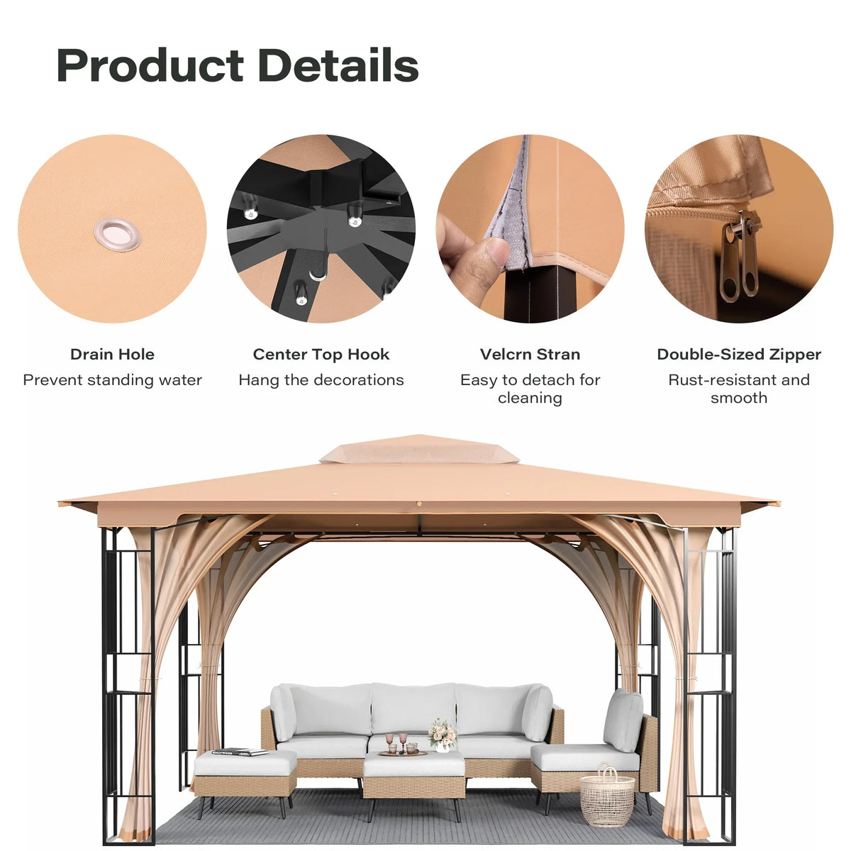 Nouveauté 2026 – LAUSAINT HOME Pavillon de patio 13'x11', Pavillon robuste avec double toit et moustiquaires pour jardin, pelouse, (Kaki