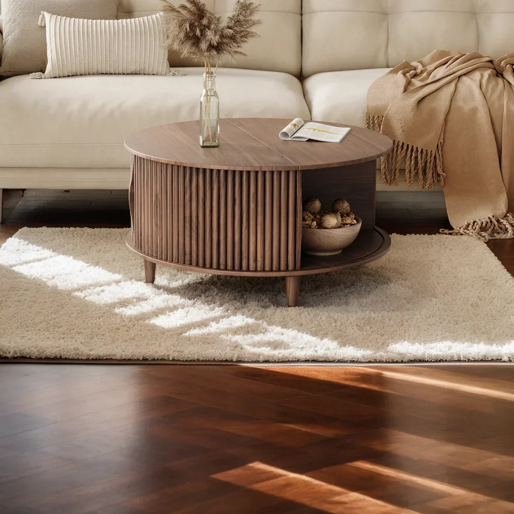 Nouveauté 2026 – Table basse ronde JOINICE avec rangement et porte coulissante, table centrale en bois de style moderne du milieu du siècle, pour salon, noyer